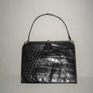 PAOLO DEL LUNGO KELLY TOP HANDLE BAG PURSE Black Crocodile